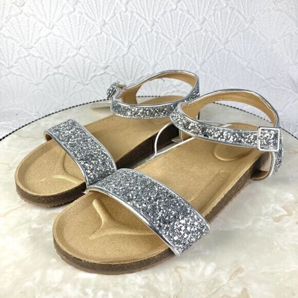 J. Crew Sandals Girls 5 Silver Metallic Glitter Ankle Strapped Buckle Flats NEW - Picture 4 of 12